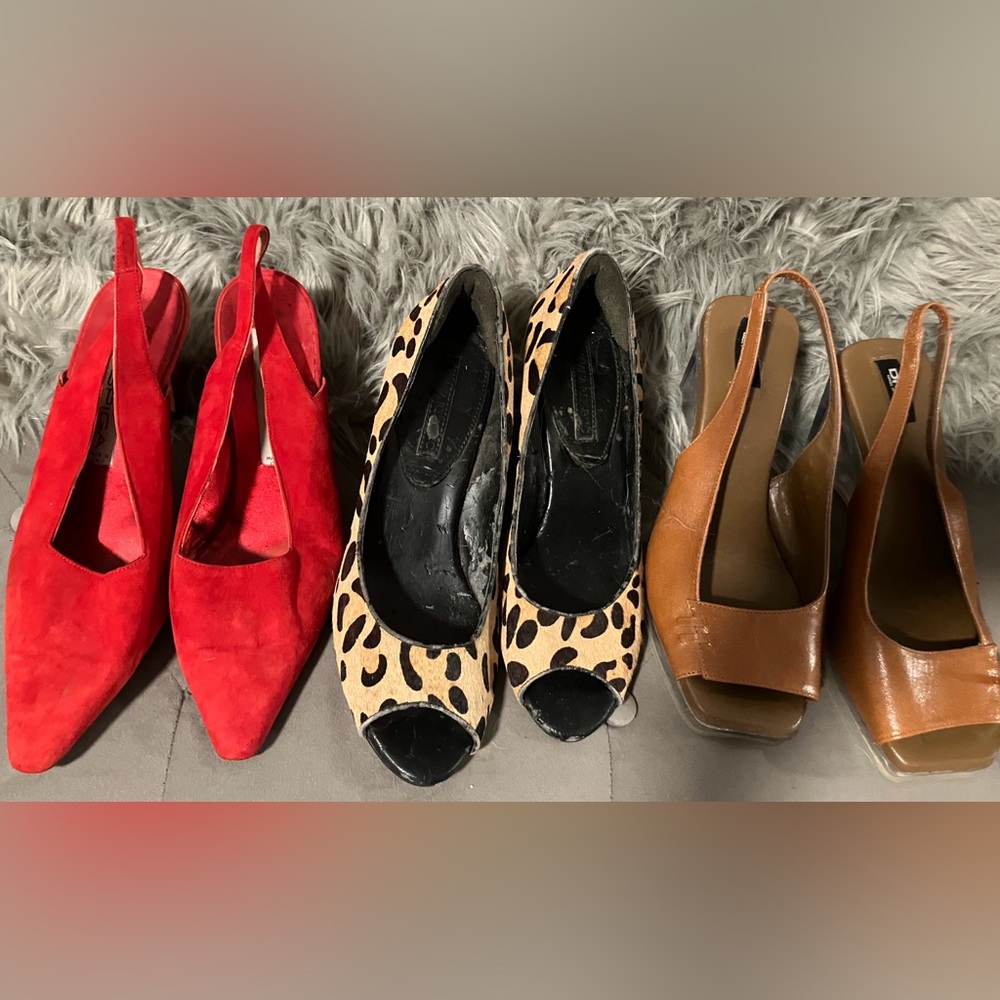 DKNY,Via Spiga red suede heels,and Black&Tan Leopard Print Heels. Buy all 3-$80